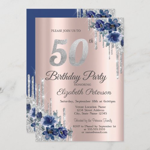 Blue Flowers Glitter Drips Rose Gold 50th Birthday Invitation