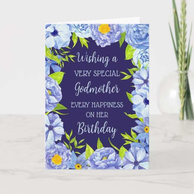 Blue Flowers Godmother Birthday Card (Front)