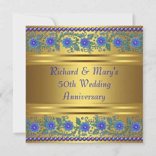 Blue Flowers Gold 50th Wedding Anniversary Invitation
