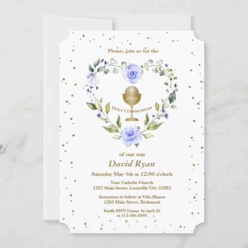 Blue Flowers Gold Chalice Boy First Holy Communion Invitation