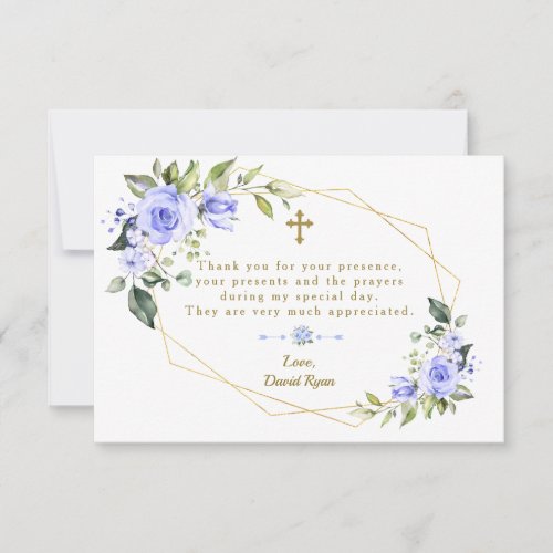 Blue Flowers Gold Frame Cross Boy Baptism Thank You Card