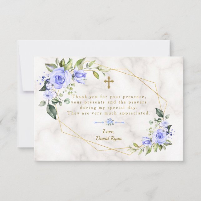 Blue Flowers Gold Frame Cross Marble Boy Baptism Thank You Card (Front)