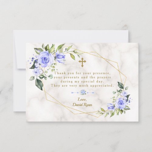 Blue Flowers Gold Frame Cross Marble Boy Baptism Thank You Card