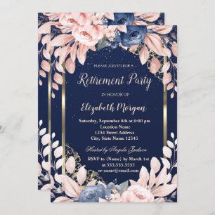 Blue Flowers Gold Frame Navy Blue Retirement Invitation