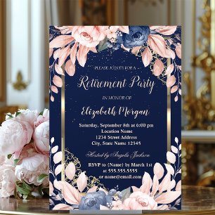 Blue Flowers Gold Frame Navy Blue Retirement  Invitation