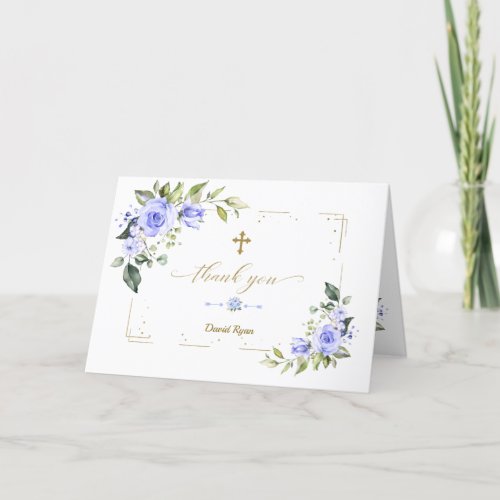 Blue Flowers Gold Glitter Cross Boy Baptism Thank You Card