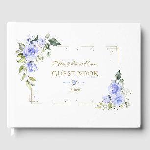 Blue Flowers Gold Glitter Frame Wedding Guest Book