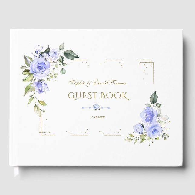 Blue Flowers Gold Glitter Frame Wedding Guest Book (Front)
