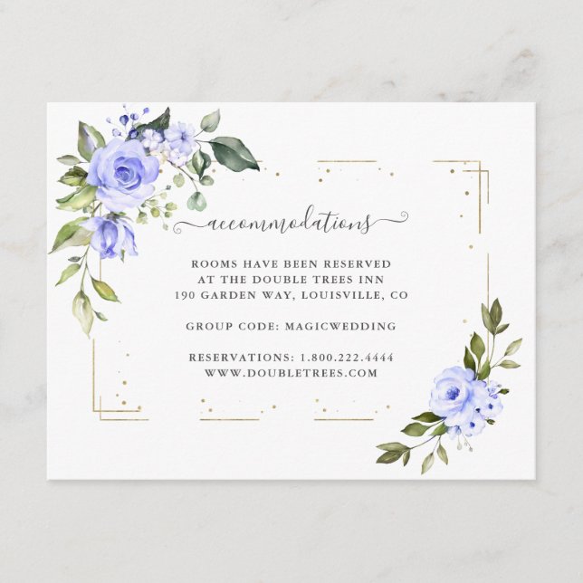 Blue Flowers Gold Glitter Wedding Accommodations Enclosure Card (Front)