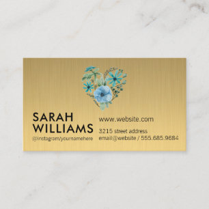Blue Flowers   Gold Metallic Business Card