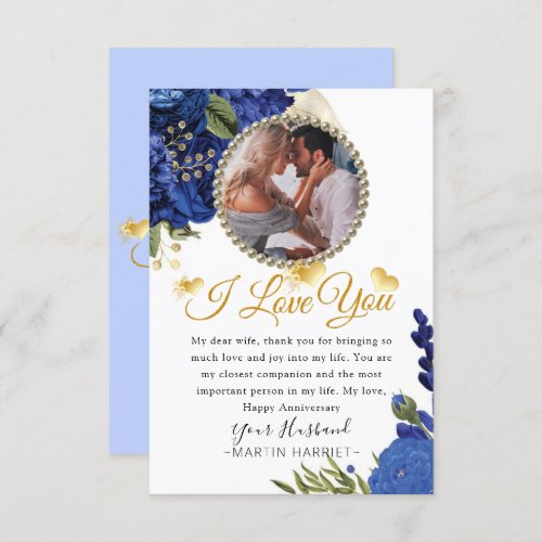 Blue Flowers Gold Photo Wife Anniversary Card