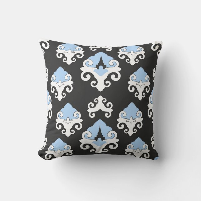 Blue Flowers Gray Background Pattern Throw Pillow (Front)