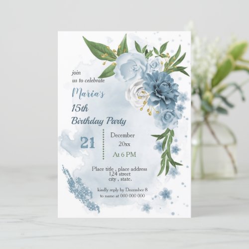 blue flowers  green leaves birthday invitation