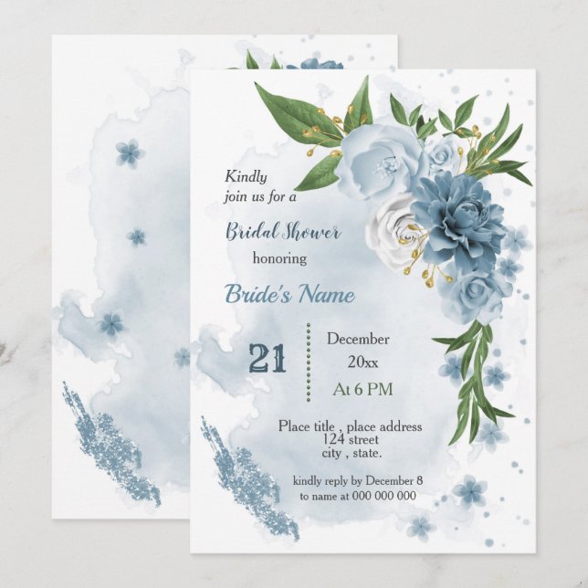 blue flowers & green leaves bridal shower invitation (Front/Back)