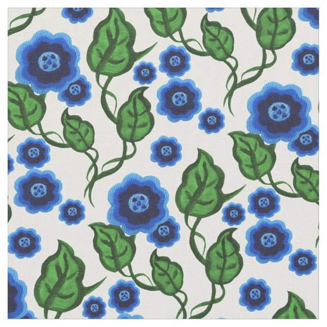 Blue flowers/green leaves/Folk art floral Fabric (Close Up)