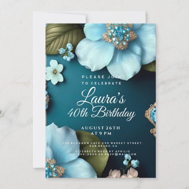 Blue flowers green leaves gold glitter Birthday Invitation (Front)