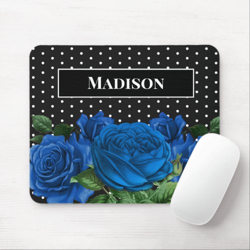 Blue Flowers Green Leaves Monogram Black Polka Dot Mouse Pad