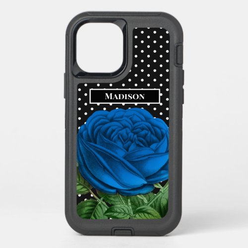 Blue Flowers Green Leaves Monogram Black Polka Dot OtterBox Defender iPhone 12 Case