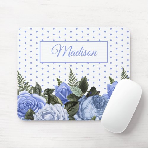 Blue Flowers Green Leaves Monogram White Polka Dot Mouse Pad