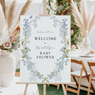 Blue Flowers Greenery Baby Shower Welcome Sign