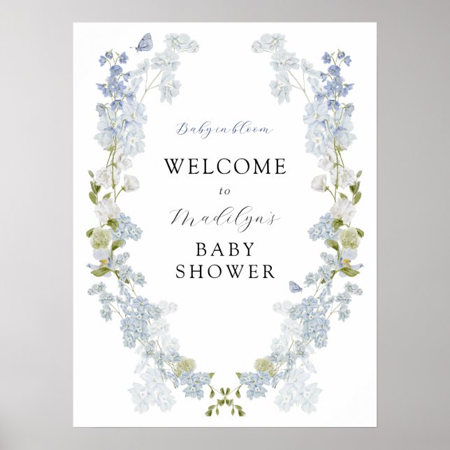 Blue Flowers Greenery Baby Shower Welcome Sign (Front)