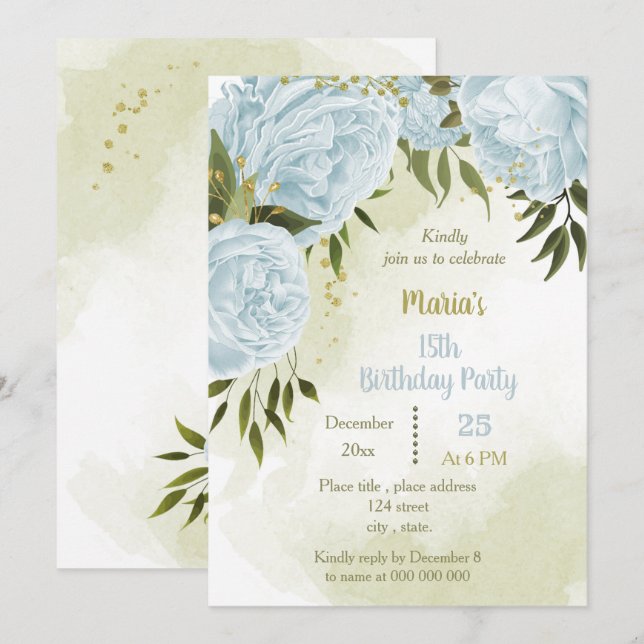  blue flowers greenery birthday party invitation (Front/Back)