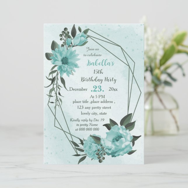  blue flowers greenery botanical birthday  invitation (Standing Front)