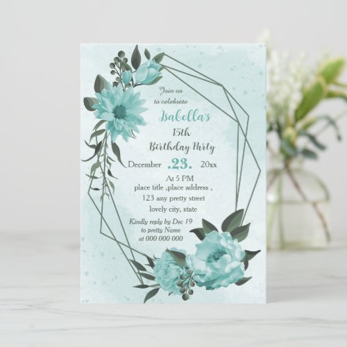  blue flowers greenery botanical birthday  invitation