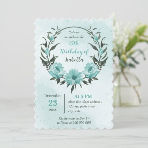  blue flowers greenery botanical birthday  invitation