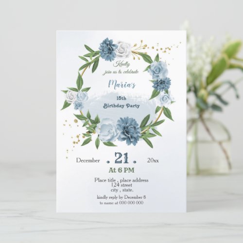 blue flowers greenery botanical wreath birthday invitation