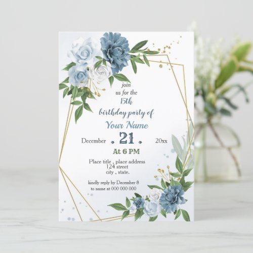 blue flowers greenery geometric birthday  invitation