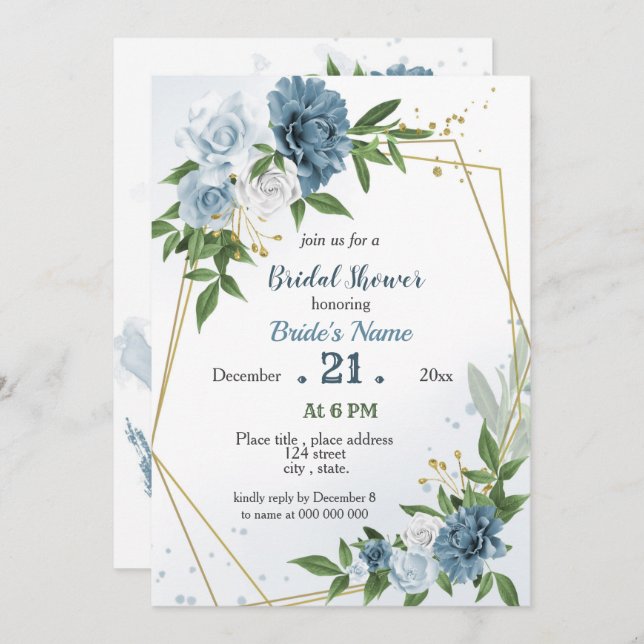 blue flowers greenery geometric bridal shower invitation (Front/Back)
