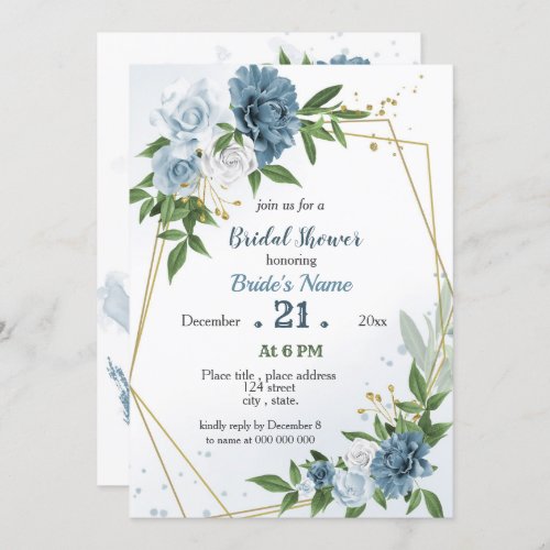 blue flowers greenery geometric bridal shower invitation