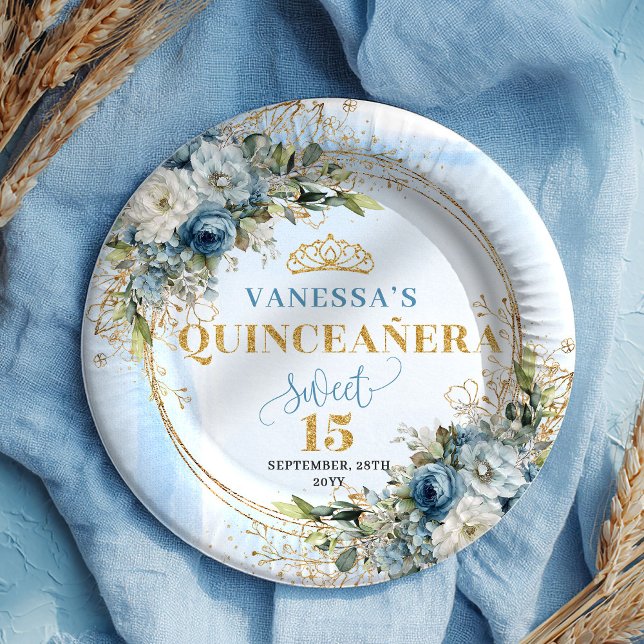 Blue Flowers Greenery Gold Personalized Quince  Paper Plates (Blue Flowers Greenery Gold Personalized Quince Plates)