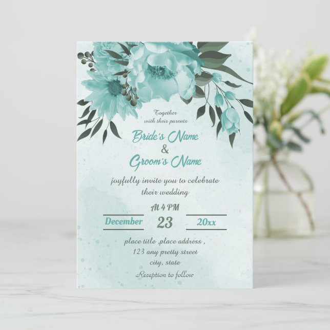  blue flowers greenery wedding  invitation (Standing Front)