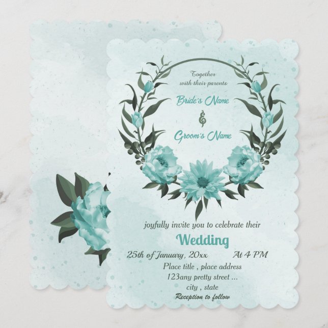  blue flowers greenery wedding  invitation (Front/Back)