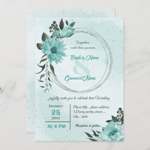  blue flowers greenery wedding  invitation