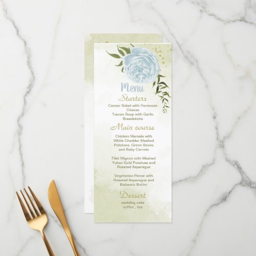 blue flowers greenery wedding menu