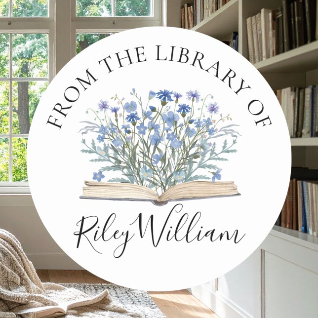 Blue Flowers Grow From Book Bookplate Sticker (In situ)