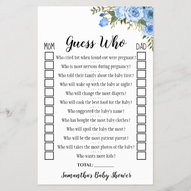 Blue Flowers Guess Who Baby Shower Game Card Flyer (Front)