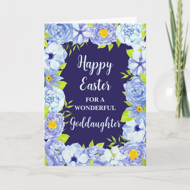Blue Flowers Happy Easter Goddaughter Holiday Card (Front)