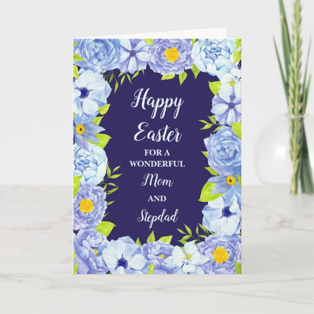 Blue Flowers Happy Easter Mom and Stepdad Holiday Card (Front)