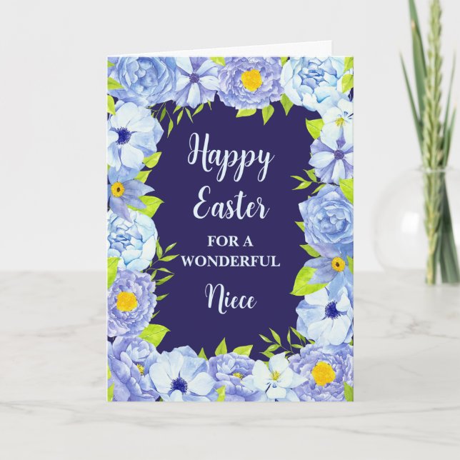 Blue Flowers Happy Easter Niece Holiday Card (Front)