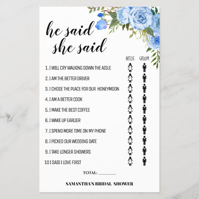 Blue Flowers He said She said Shower game card Flyer (Front)