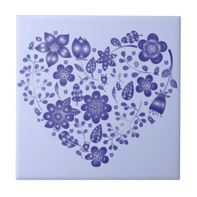 Blue Flowers Heart - Drawing Art Collection Ceramic Tile (Front)
