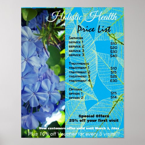 Blue flowers holistic health price list poster