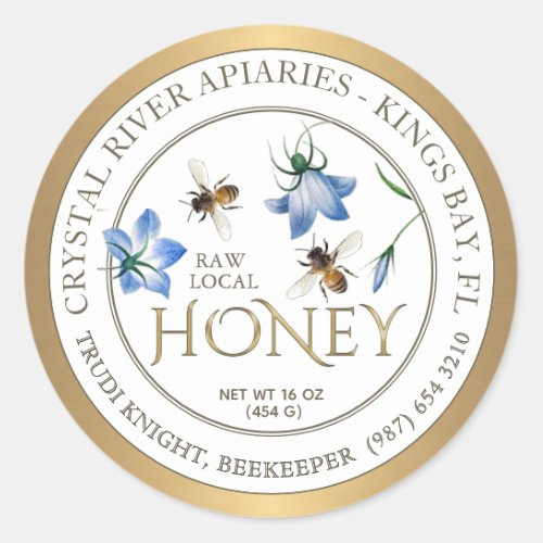 Blue Flowers Honeybee Metallic Gold Border Honey  Classic Round Sticker