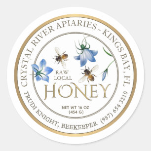 Blue Flowers Honeybee Metallic Gold Border Honey Classic Round Sticker