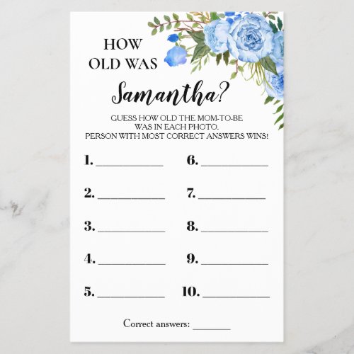 Blue Flowers How old was Mom Baby Shower Game Card Flyer