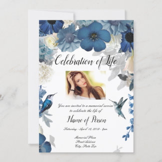 Blue Flowers Hummingbird Funeral Invitation